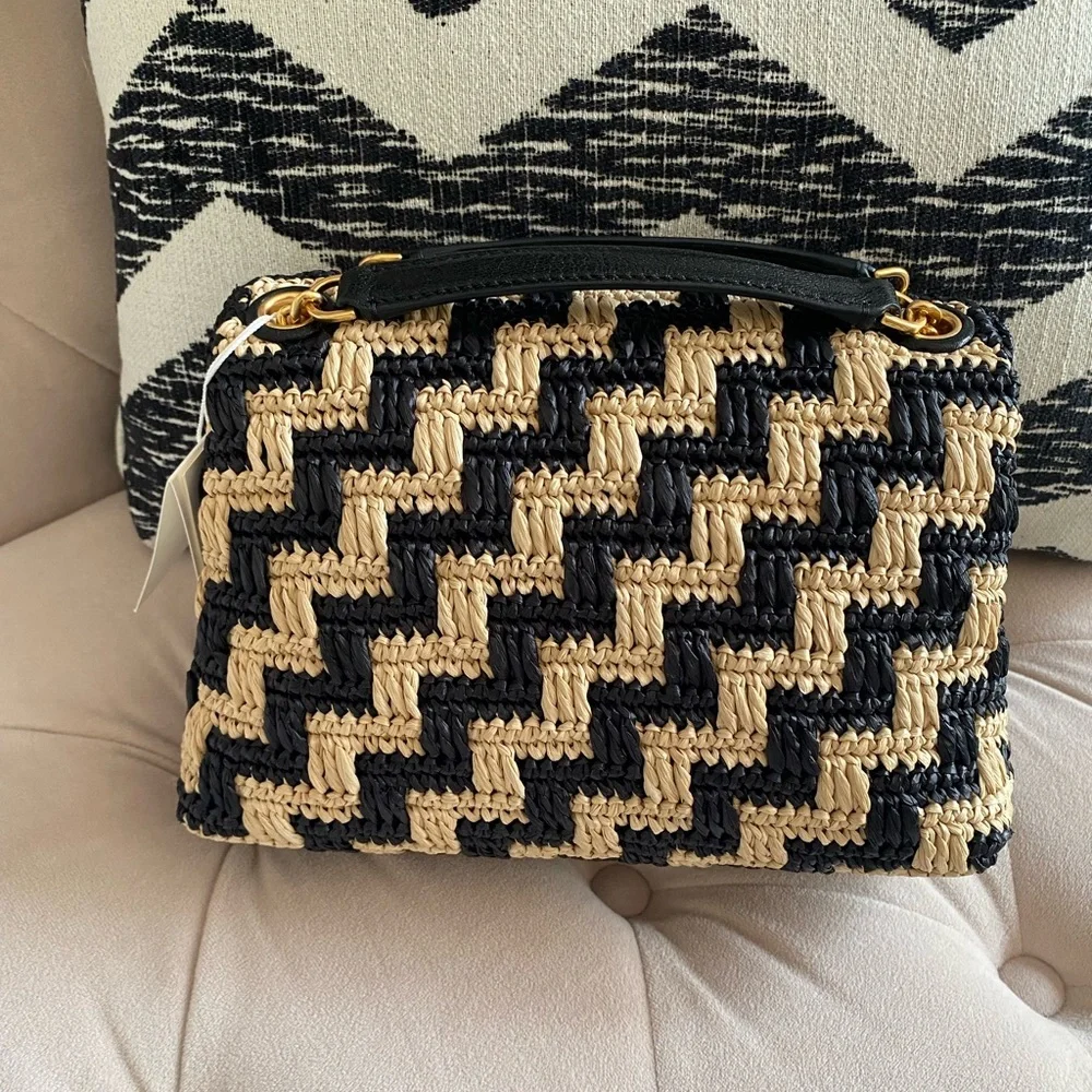 Tory Burch Willa Straw Small Shoulder Bag Black & Pale Khaki - Picture 2 of 14